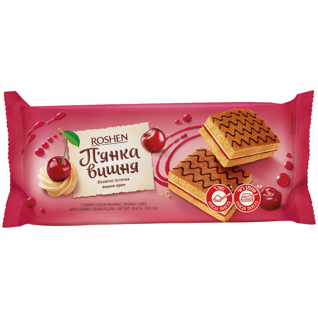 ROSHEN ""CHERRY LIQUOR ROSHEN" бисквитное пирожное с 31 % вишнёвой кремовой начинки, содержащей алкоголь.