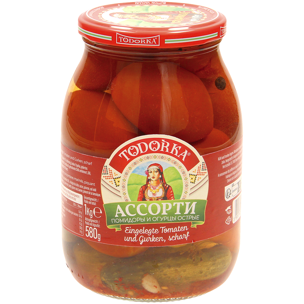 Gepekelde tomaten en komkommers, pittig