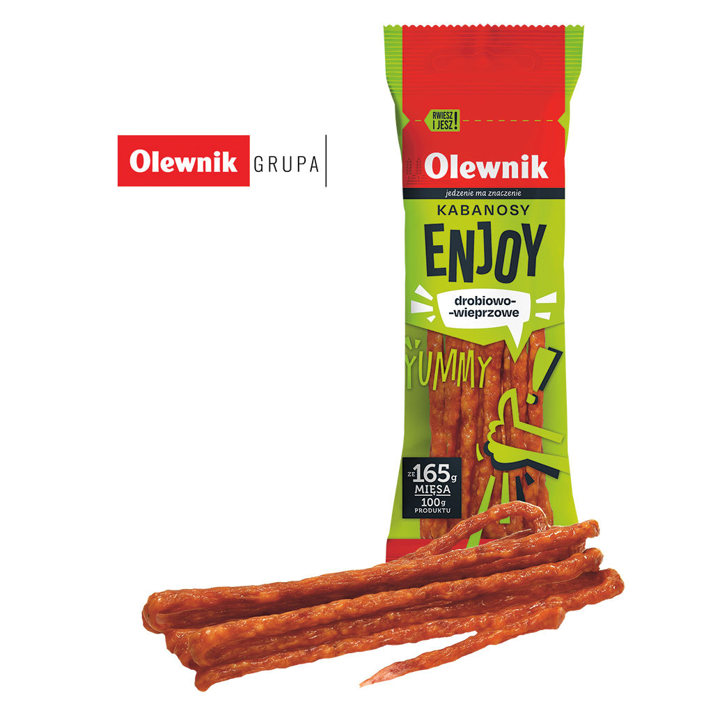 Brühworstjes van kippenvlees en varkensvlees, met bindweefsel-eiwit, middelgrof, gerookt, gedroogd, verfijnd met rookaroma.