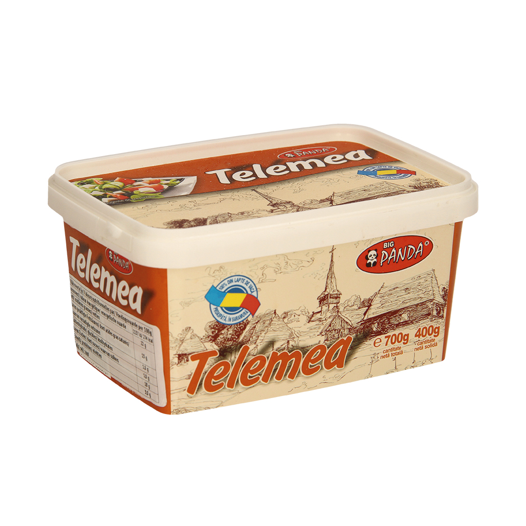 Roemeense kaas van gepasteuriseerde koemelk, gerijpt in pekel "Big Panda - Telemea de vaca". Vetgehalte.