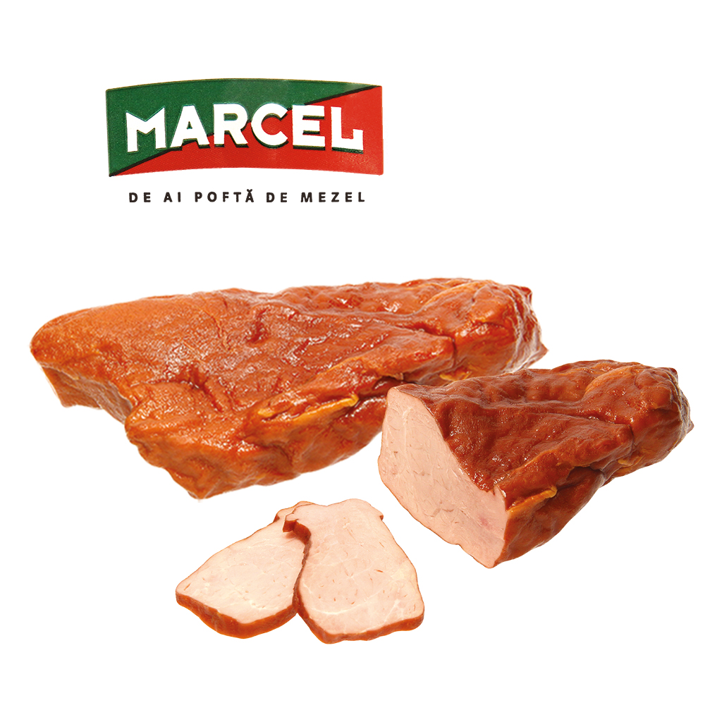 Vleesproduct "Pastrama de porc", gezouten, gekookt en gerookt, met soja-eiwitisolaat, erwt-eiwit-hydrolysaat en melkeiwit.