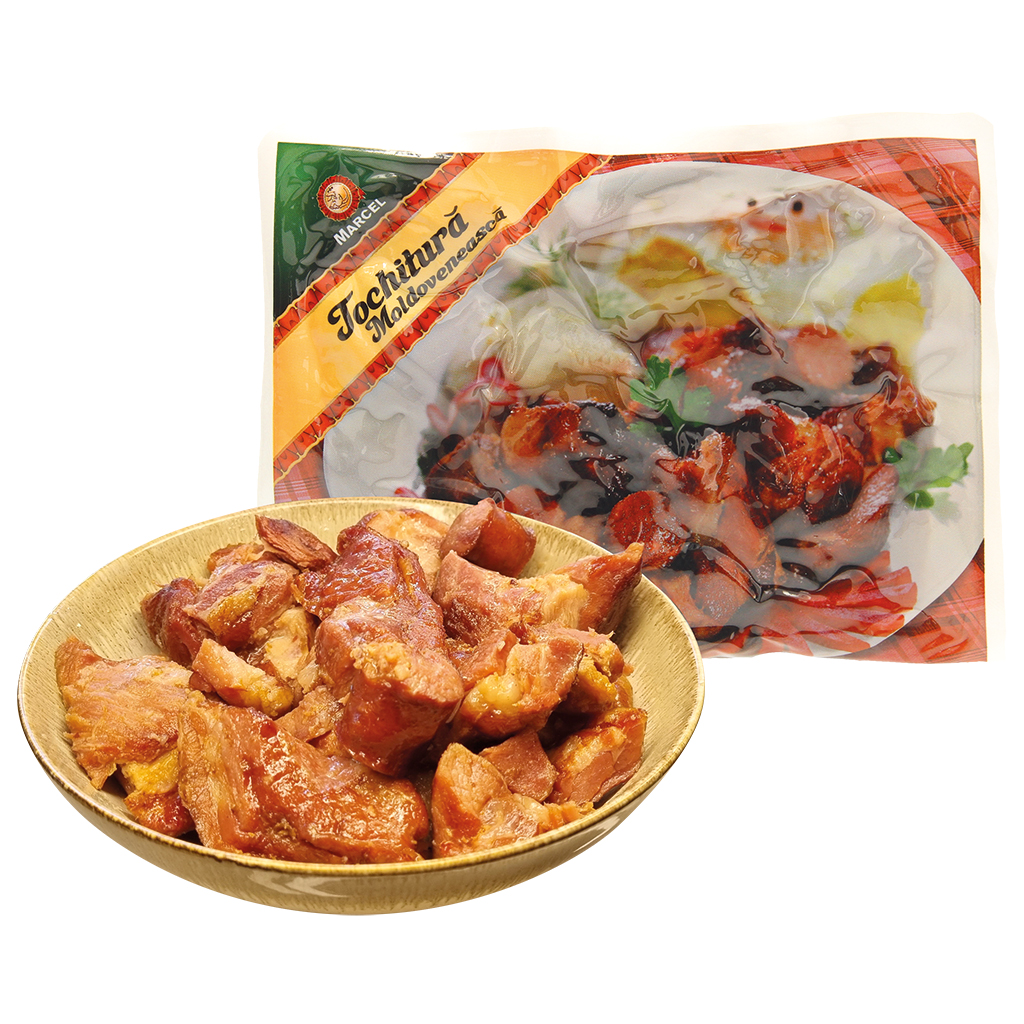 Кусочки копченой свинины с кусочками вареной колбасы горячего копчения (из свинины и говядины), фритированные в свином жиру