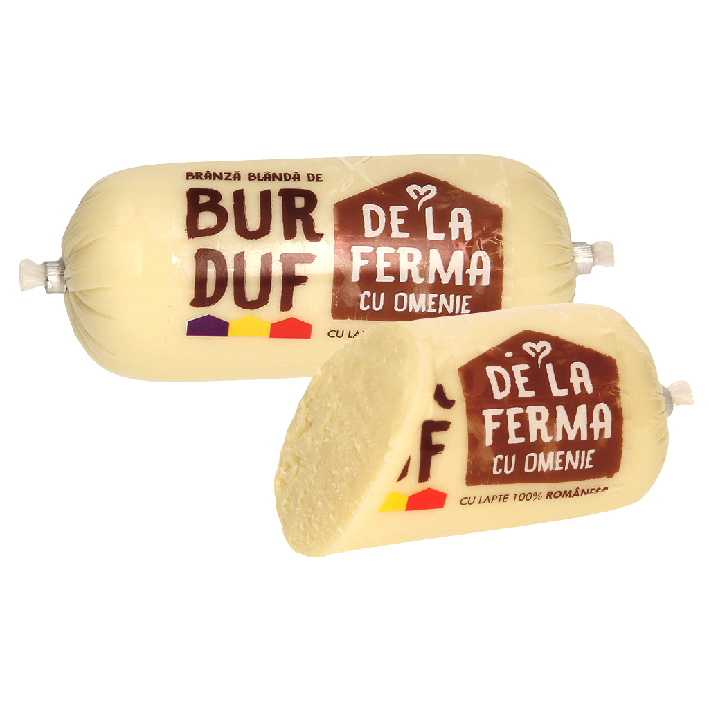 Traditionele Roemeense kaas “Branza de Burduf" van kaas gemaakt van gepasteuriseerde koemelk en kaas van gepasteuriseerde schapenmelk. Halfharde snijkaas. Minimaal 45% vet in droge stof, "De la Ferma"
