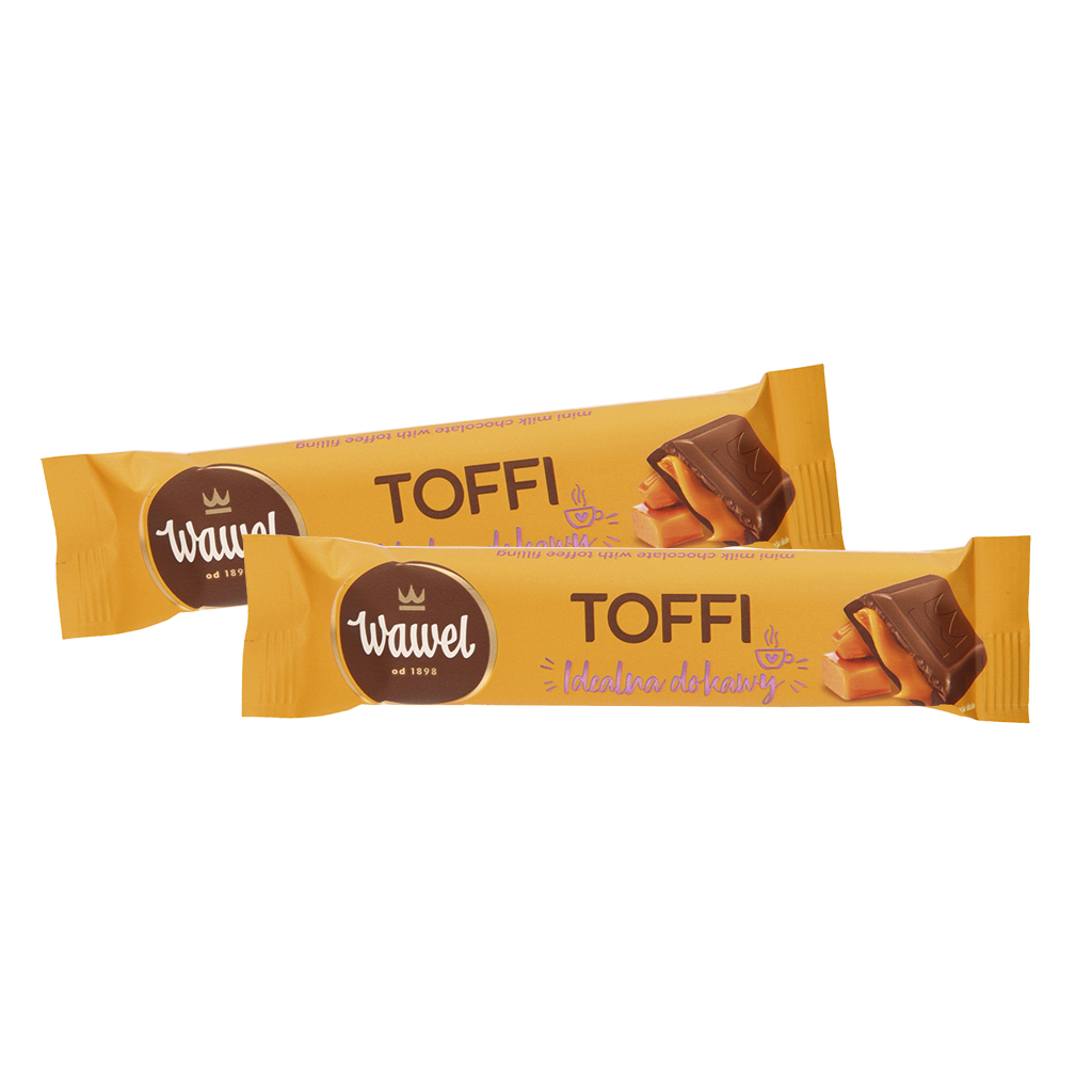 Toffi melkchocolade met toffee-vulling (50%). Melkchocolade bevat naast cacaoboter ook andere plantaardige vetten.