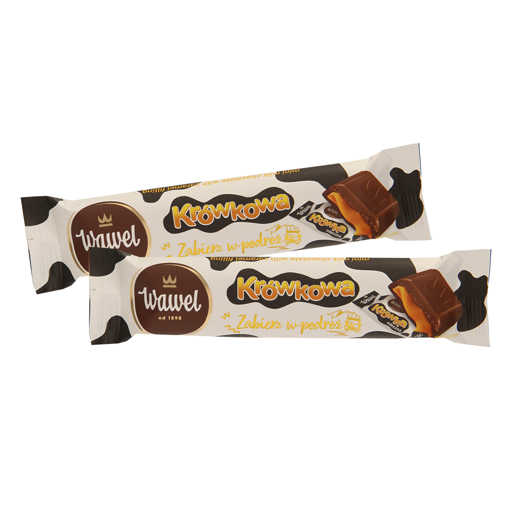 "Krowkowa" melkchocolade met karamelvulling (47%). Melkchocolade bevat naast cacaoboter ook andere plantaardige vetten.