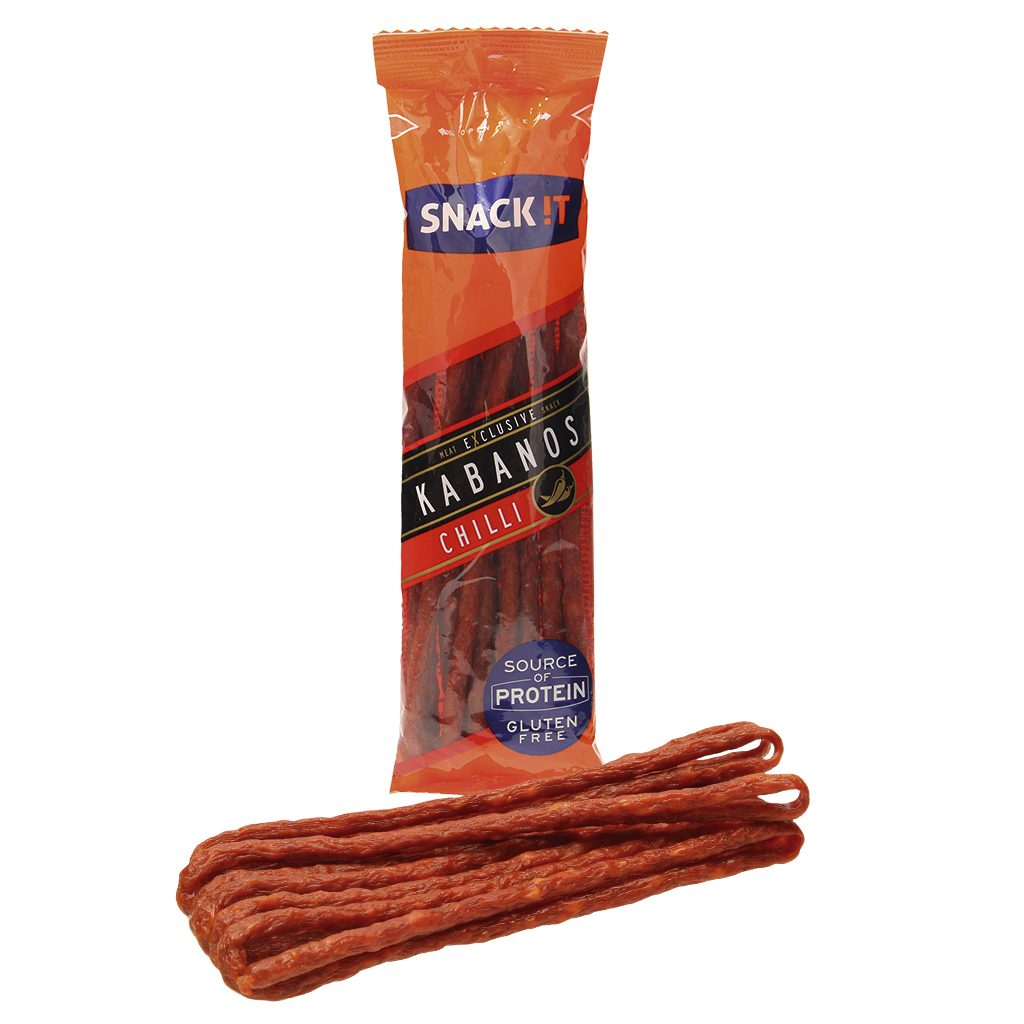Snack IT - Колбаски-кабаноси с перцем чили. Копчёно-вяленые колбаски из свинины с перцем чили, с крахмалом и свиным белком.