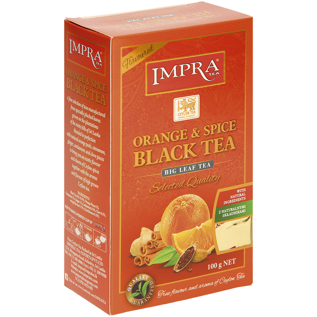 Sinaasappel en Specerij Zwarte Thee - Gearomatiseerde Zwarte Thee "Ceylon Orange Pekoe" met Sinaasappelstukjes en Specerijen, met Sinaasappel- en Masala-Chai-smaak