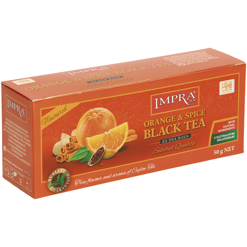 Aromatiseerde Zwarte Thee "Ceylon Broken Orange Pekoe Fannings" met stukjes sinaasappel en specerijen, met sinaasappel- en masala-chai-smaak