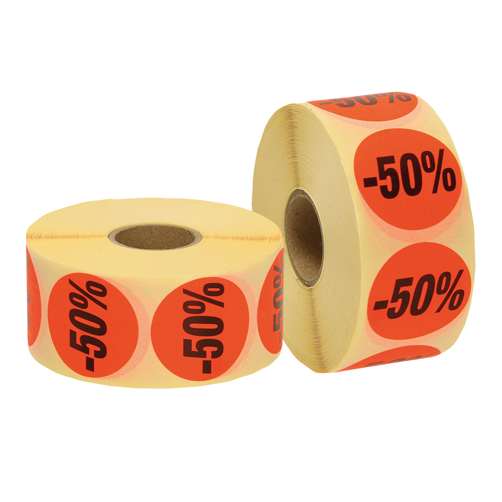 Kortingstickers 50%, neonrood, 33x33 rond, 1fbg zwart