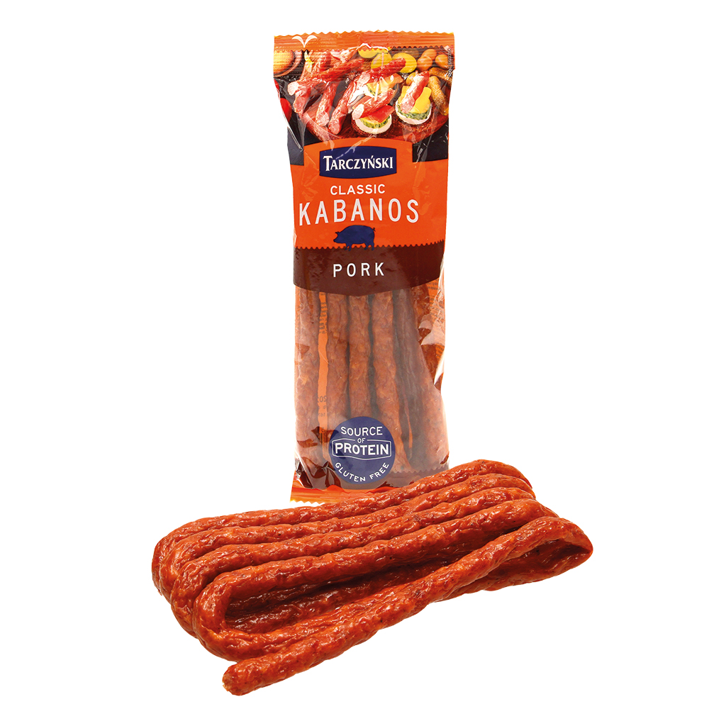 Schweine-Cabanossi "Tarczynski Classic" met zetmeel, van varkensvlees, middelmatig fijngehakt, gerookt, gebraden, gedroogd.