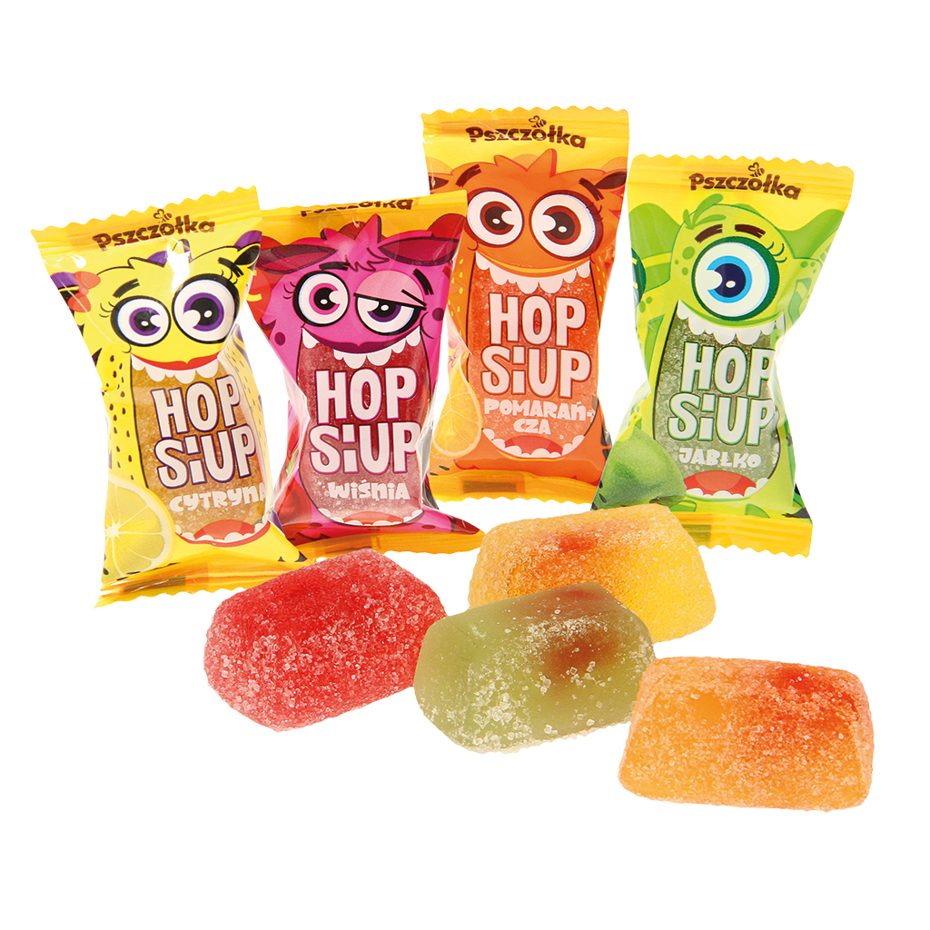 Gevuld gelei snoep "Hop siup" met fruitsmaak (citroen-framboos, sinaasappel-framboos, kers-framboos, appel-framboos), gezoet. Vulling: 12%. Verrijkt met vitamine C.