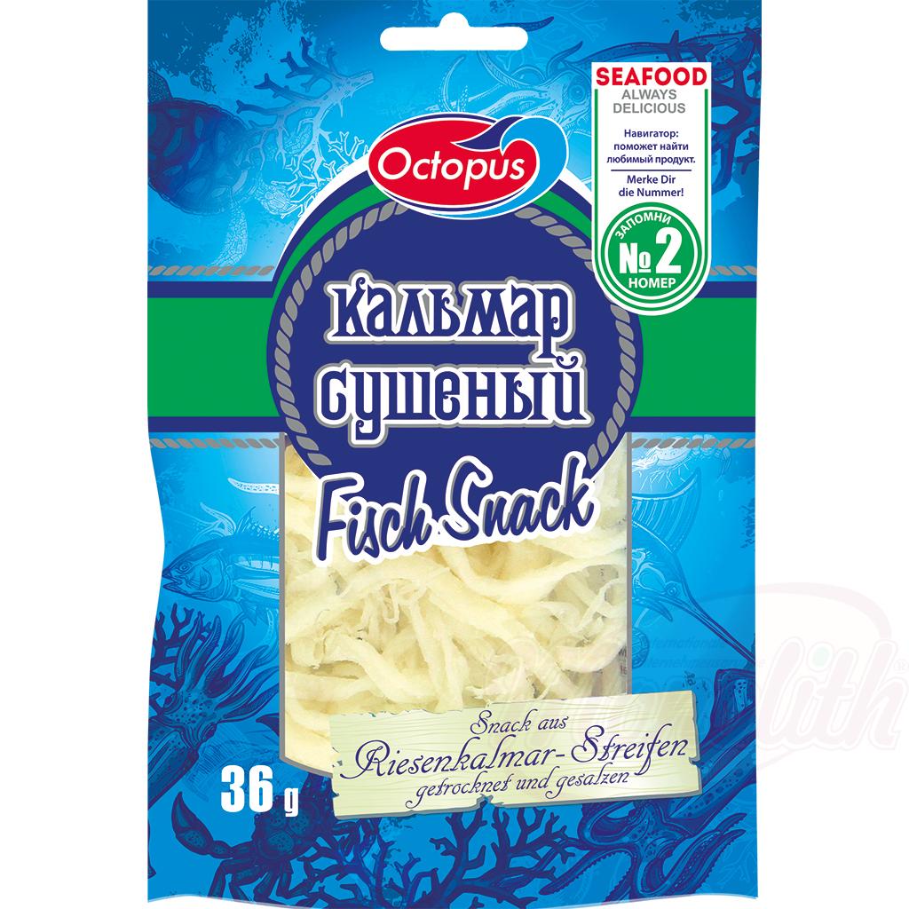 Snack gemaakt van reepjes reuzeninktvis, gedroogd en gezout