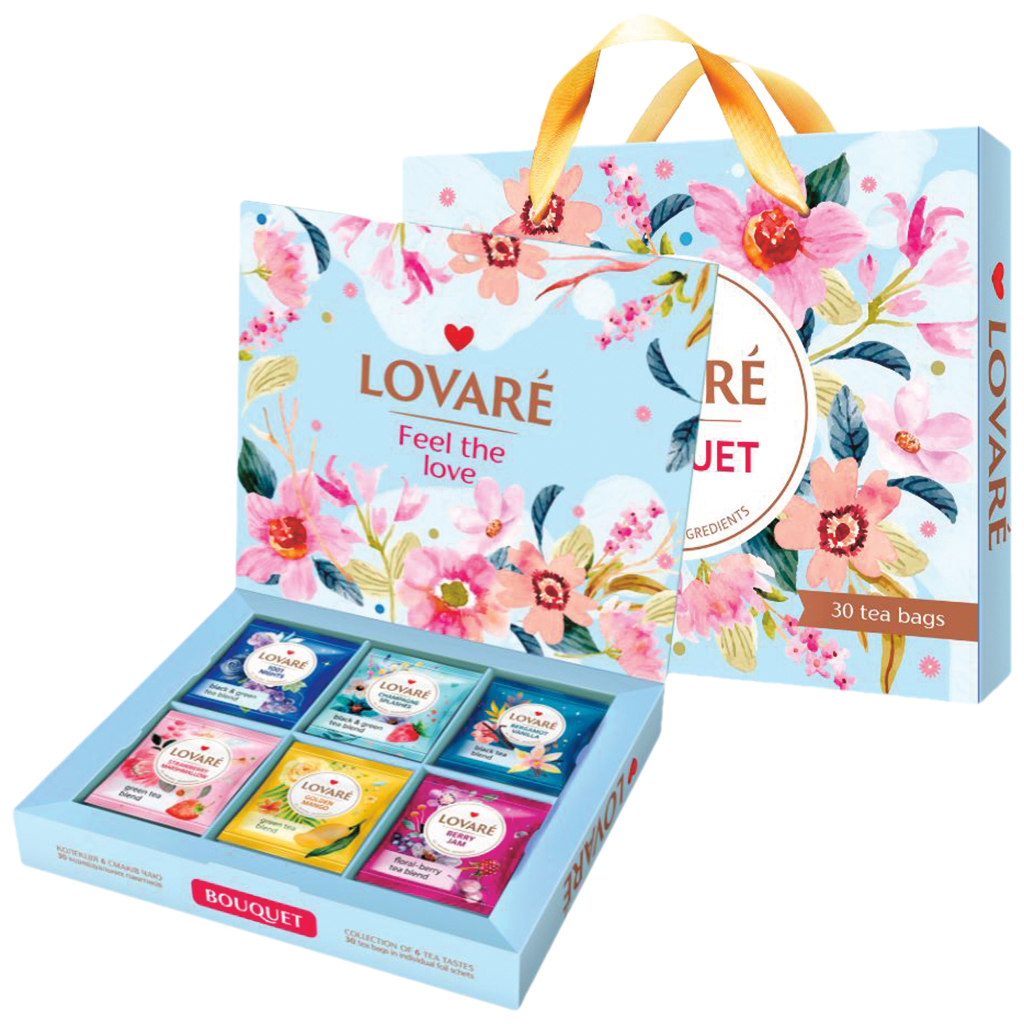 "Lovare" - Thee-set met 6 verschillende theesoorten in zakjes. 5 zakjes per soort.