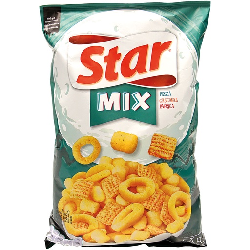 [82944CR] Snackmix van maissnacks met kaas smaak, maissnacks met pizzasmaak en weizensnacks met paprikasmaak.