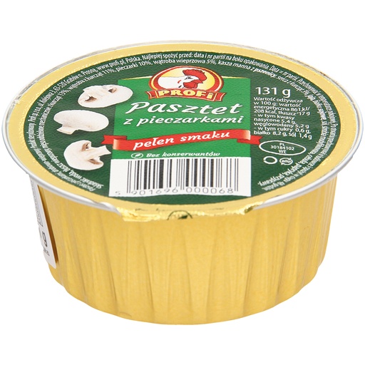 [34929] "Pâté met champignons" Vleesbeleg op basis van gevogelte met gescheiden kippenvlees, in de stijl van een Poolse kookworst met champignons. Met soja-eiwit, met delen van varkensvlees. Gesteriliseerd product.