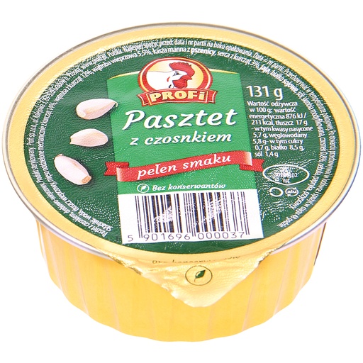 [34932] "Paté met knoflook" Vleesbeleg op basis van gevogelte met gescheiden kippenvlees in de stijl van een Poolse kookworst met knoflook. Met soja-eiwit, met delen van varkensvlees. Gesteriliseerd product.