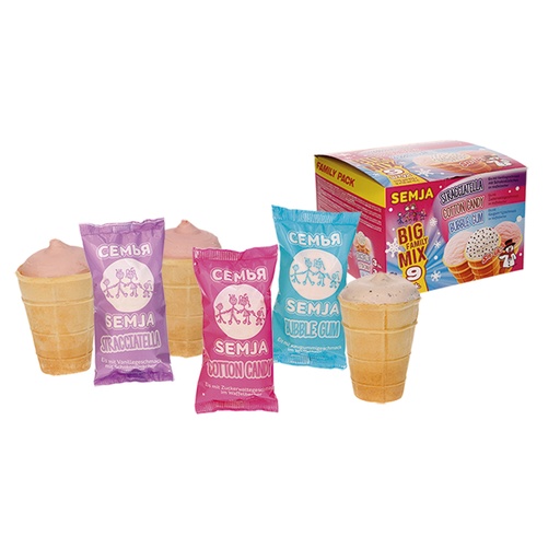 [04178] IJs Semja-MIX IJs met vanillesmaak "Stracciatella" met chocoladestukjes in een wafelbekertje, "Bubble Gum" ijs met kauwgummismaak, in een wafelbekertje,