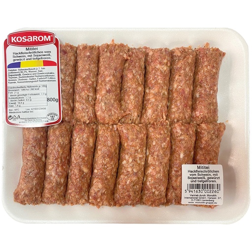 [00901] Varkensgehaktrolletjes "Mititei", met soja-eiwit, gekruid en diepgevroren