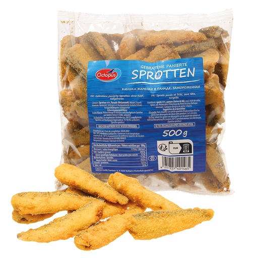 [01103] Gebakken gepaneerde sprotjes zonder kop, diepgevroren