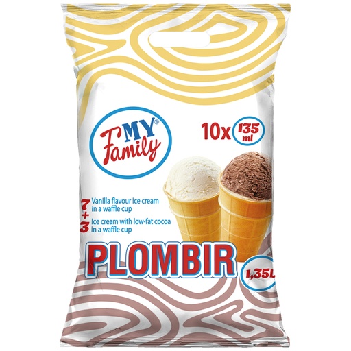 [04206] "MIJN FAMILIE" Mix van roomijs met vanillesmaak in een wafelbekertje (7x 135ml) en roomijs met magere cacao, in een wafelbekertje (3x 135ml)