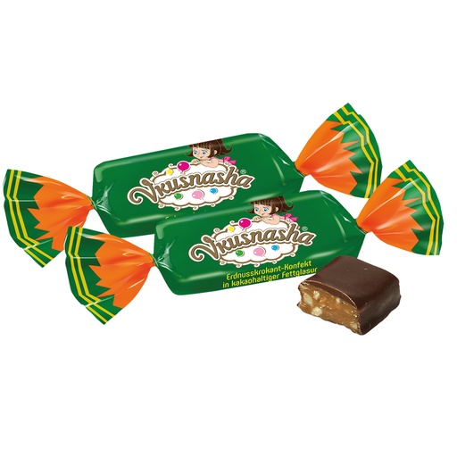 [91744] Pindakrokant snoep "Vkusnasha" in chocolade-achtige vetglazu