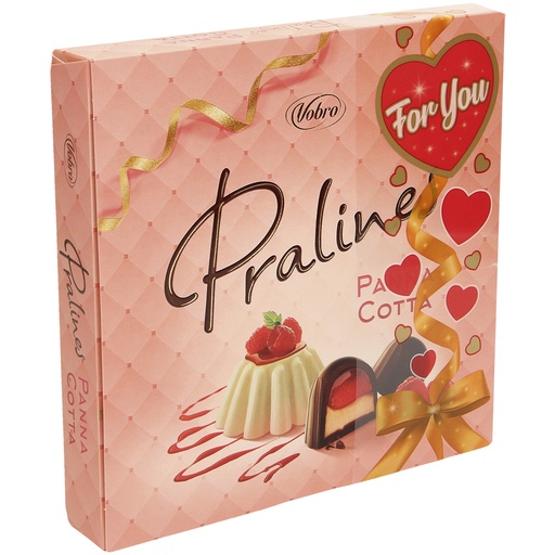 [92660] "Panna Cotta" Pralines met Panna Cotta-smaakroom (20%) en framboos-smaakvulling (30%). Chocolade bevat naast cacaoboter ook andere plantaardige vetten.