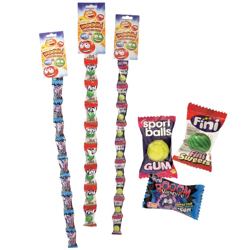 [88935] Kauwgums en harde karamellen met kauwgummikern "Booom", verschillende smaken (Tennis, Vampieren + Geweren, Watermeloen), 42 ketens x 9 stuks x 5 g