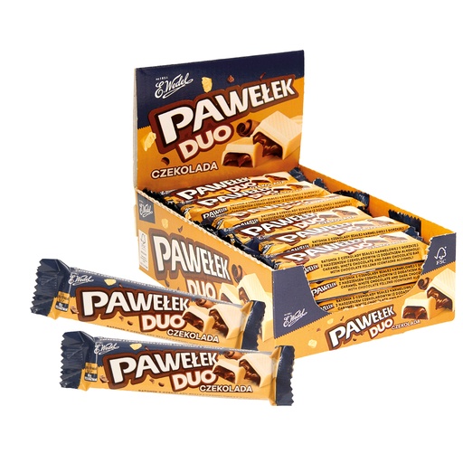 [92349] Reep "Pawelek Duo Chocolade" met chocoladevulling (44%), gedeeltelijk omhuld met chocolade en witte chocolade met karamelpoeder. Bevat alcohol!