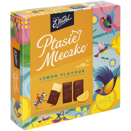 [84916] "Ptasie Mleczko Citroen" Zachte schuimzoetwaren met citroensmaak in donkere chocolade