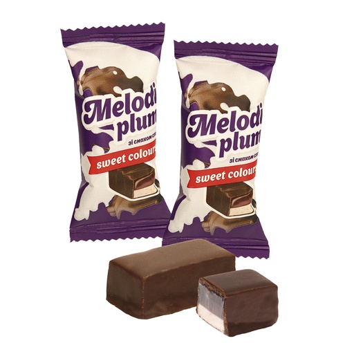 [91306] Dubbellaags confectie "Melodiplum" van gelei met pruimensmaak (51%) en schuimzoetwaren (28,2%) in cacaohoudende vetglazuur