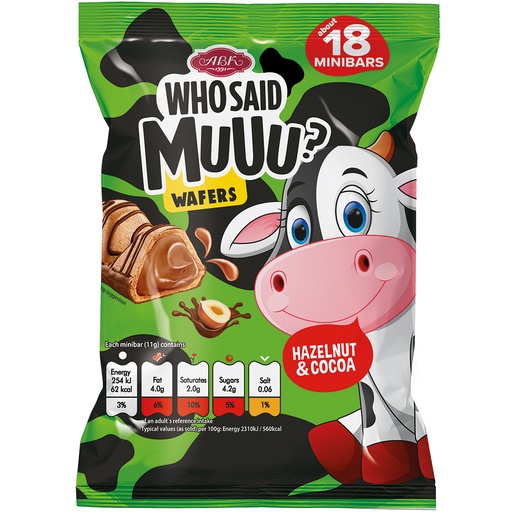 [92250] Wie zei MUUU?- Gevuld wafelconfekt 12,8% met hazelnoot-cacaovulling 61% en gedeeltelijk omhuld en versierd met melkchocolade. Melkchocolade bevat naast cacaoboter ook andere plantaardige vetten. Cacao in melkchocolade: minimaal 34%