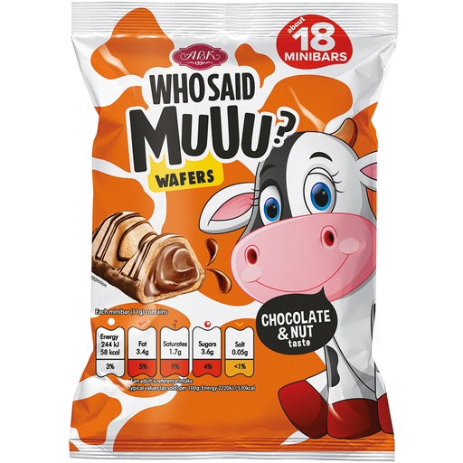 [92260] "Wie zei Muuu?" Gevuld wafelconfekt 13,3% met hazelnoot-chocoladesmaakvulling 63,4% en gedeeltelijk omhuld en versierd met melkchocolade. Melkchocolade bevat naast cacaoboter ook andere plantaardige vetten. Cacao in melkchocolade: minimaal 34%
