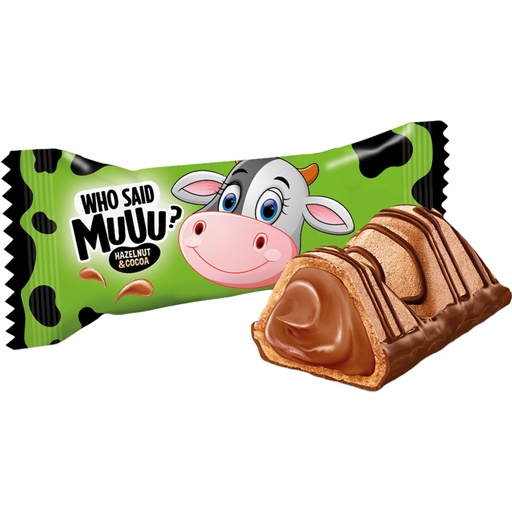 [91209] "Wie zei MUUU?" Gevuld wafelconfekt 12,8% met hazelnoot-cacaovulling 61% en gedeeltelijk omhuld en versierd met melkchocolade. Melkchocolade bevat naast cacaoboter ook plantaardige vetten. Cacao in melkchocolade: minimaal 34%