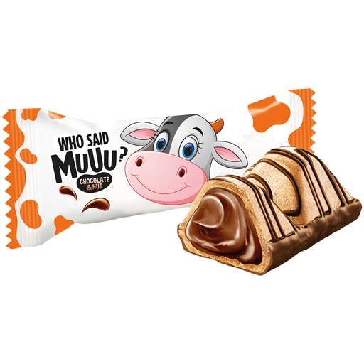 [91217] "Wie zei MUUU?" Gevuld wafelconfekt 13,3% met hazelnoot-chocoladesmaakvulling 63,4% en gedeeltelijk omhuld en gedecoreerd met melkchocolade. Melkchocolade bevat naast cacaoboter ook plantaardige vetten. Cacao in melkchocolade: minimaal 34%