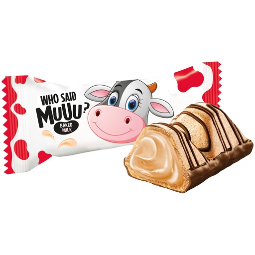 [91223] "Wie zei MUUU?" Gevulde wafelbonbons 13,3% met ovenmelksmaakvulling 63,4% en gedeeltelijk omhuld en versierd met melkchocolade. Melkchocolade bevat naast cacaoboter ook plantaardige vetten. Cacao in melkchocolade: minimaal 34%