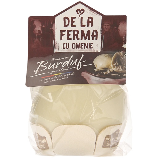 [18907] "Branza de Burduf" Traditionele Roemeense kaas van gepasteuriseerde koemelk en gepasteuriseerde schapenmelk. Halfharde snijkaas. Minimaal 45% vet i. Tr. Minimaal 45% vet i. Tr.
