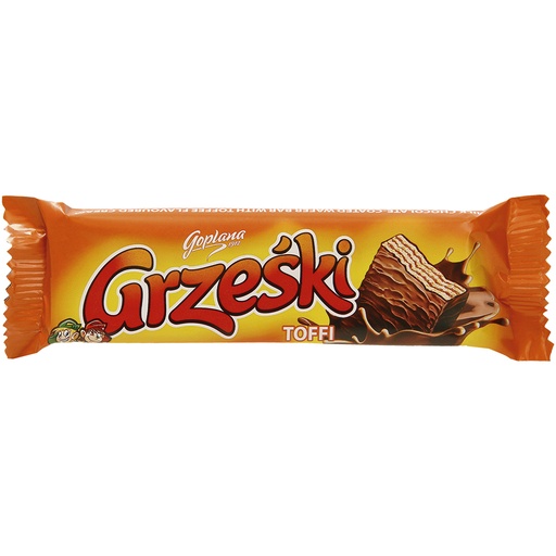 [80940] Grzeski toffee Wafel met toffee-smaakcrème (48%) in melkchocolade. Chocolade bevat naast cacaoboter ook andere plantaardige vetten.