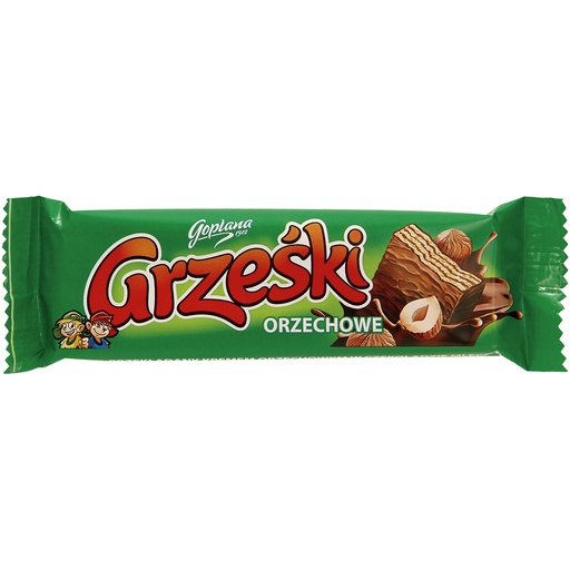 [80941] "Grzeski noten" Wafel met hazelnootsmaak-crème (48%) in melkchocolade. Chocolade bevat naast cacaoboter ook andere plantaardige vetten.