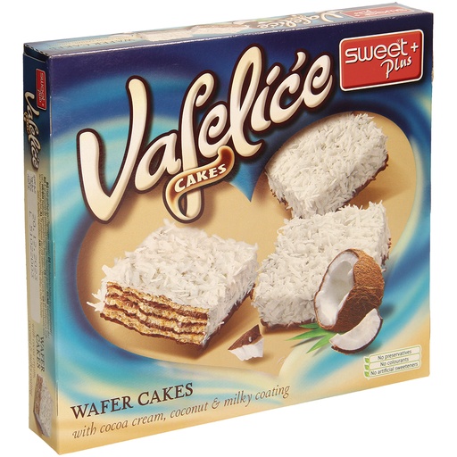 [81901] Wafeltaartjes met crème met chocoladesmaak (38%), gedeeltelijk omhuld met witte glazuur met melk smaak (29%) en bestrooid met kokosrasp (8%).