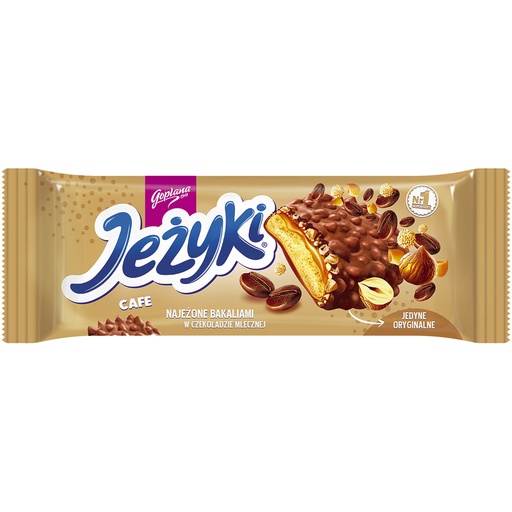 [79989] Jezyki cafe" Theebiscuit met 34,8% karamelcoating met koffiesmaak, graancrisps en hazelnoten, in melkchocolade. Chocolade bevat naast cacaoboter ook andere plantaardige vetten.