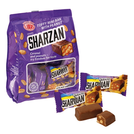 [92769] Konfekt "Sharzan" van karamel (60,1%) en geroosterde pinda's in cacaohoudende vetglazuur