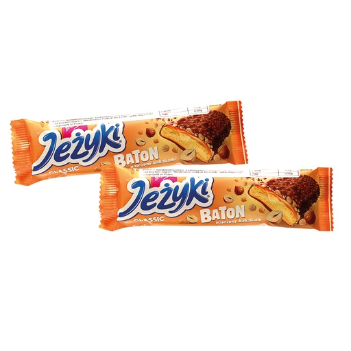 [79961] Koek "Jezyki Baton Classic" met 32% karamelcoating, met hazelnoten en graancrisps in melkchocolade. Chocolade bevat naast cacaoboter ook andere plantaardige vetten.
