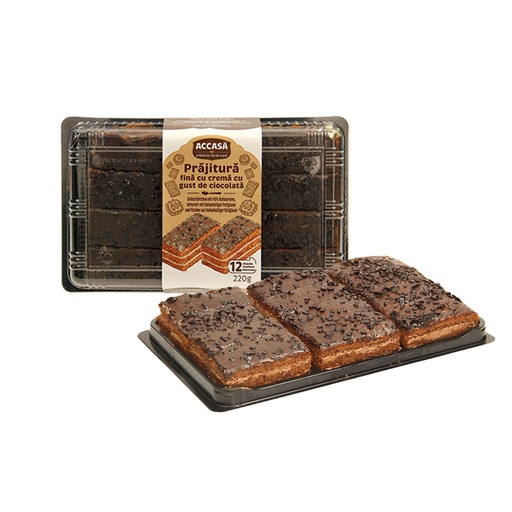 [76984] Biskuittörtchen met 40% cacaocrème, versierd met cacaohoudende vetglazuur en vlokken van cacaohoudende vetglazuur.