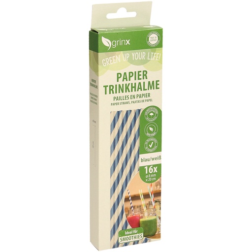 [95182] Papieren drinkrietjes, 16 stuks, blauw/wit, d=8mm, L=20cm