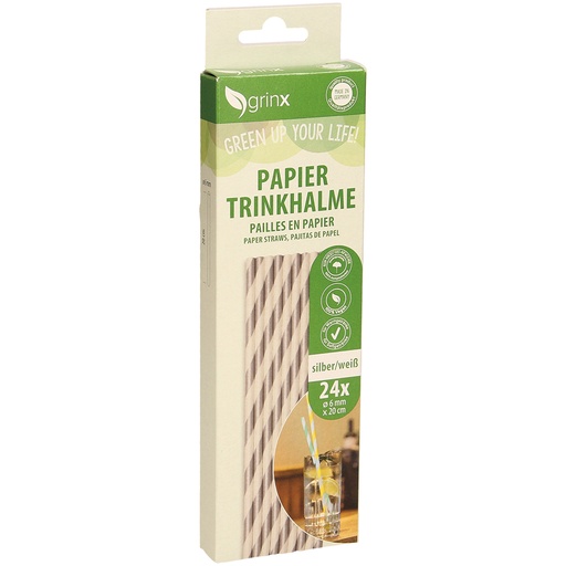 [95178] Papieren drinkhalmen, 24 stuks, zilver/wit, d=6mm, L=20cm