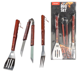 [0001015665] 3-delige barbecueset, roestvrij staal, met houten handgrepen