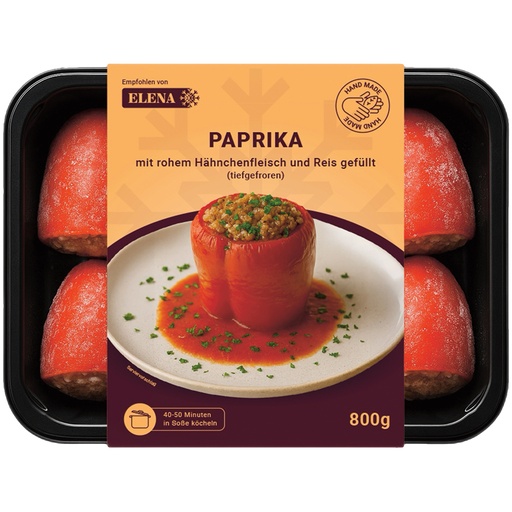 [00450] Paprika gevuld met kipvlees (rauw, versnipperd) en rijst