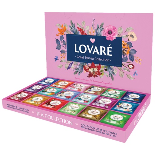 [58426] Чайный набор "Lovare" с 18 различными сортами чая в пакетиках. По 5 пакетиков каждого сорта.
