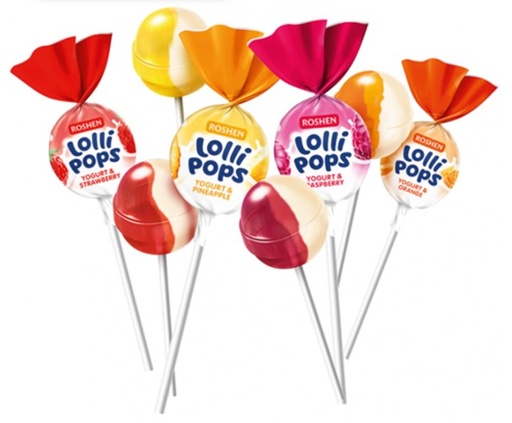 [85268] Lutscher – Mix in smaken: Ananas-yoghurt, Aardbei-yoghurt, Framboos-yoghurt "ROSHEN LOLLIPOPS"