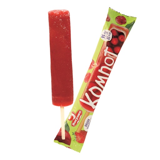 [04191] Kompott Waterijs met appel-, framboos- en kersensmaak en 15,8% gearomatiseerde vulling met aardbei-, kers- en appelpuree, aan een stokje